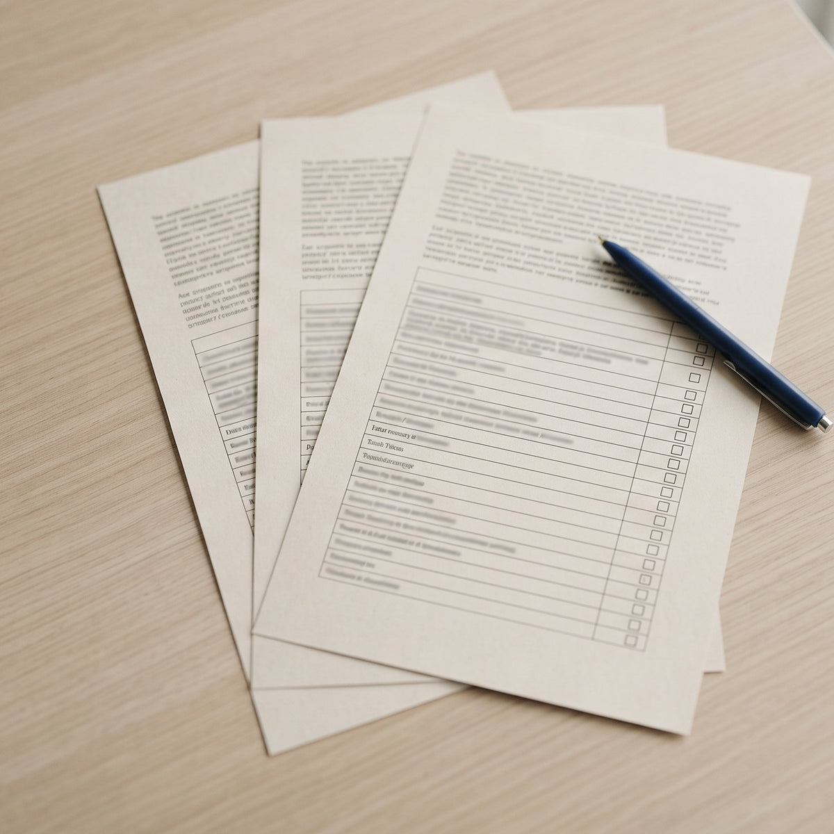 Three printed documents fanned on a desk with a pen, one showing a checklist with tick boxes.